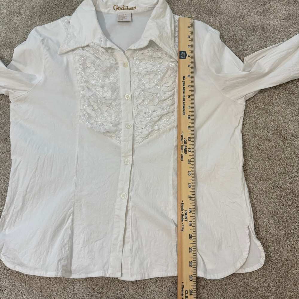 Goddess White Lace Ruffle Button Up Blouse Womens 2X Cotton Stretch G2019X - Picture 9 of 10